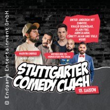 Werbung f&uuml;r den Stuttgarter Comedy Clash mit Bildern von Comedians und Text &uuml;ber die 13. Saison., &copy; links im Bild