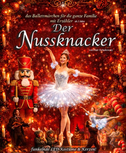 Plakat f&uuml;r das Ballett 'Der Nussknacker' mit T&auml;nzern vor einem weihnachtlichen Hintergrund. Geeignet f&uuml;r Kinder ab 4 Jahren, mit Erz&auml;hler., &copy; Point Event GmbH