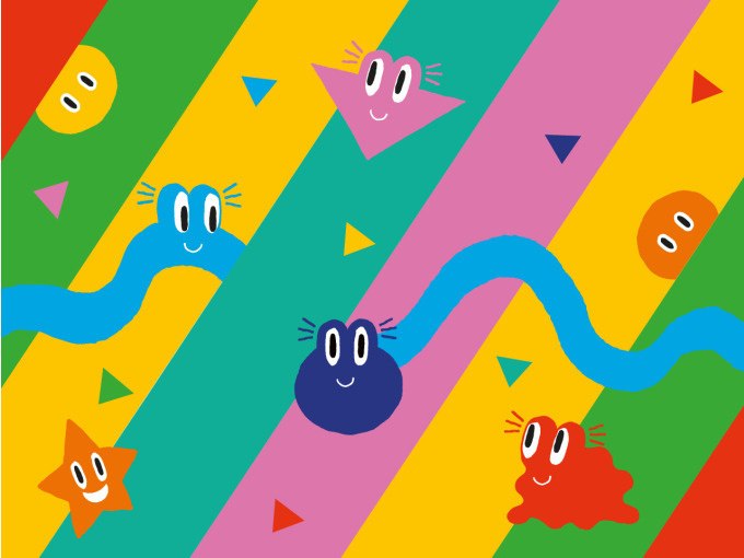 Bunte, fr&ouml;hliche Formen wie Sterne, Kreise und Wellen auf einem gestreiften Hintergrund in Gelb, Gr&uuml;n, Blau und Rosa., &copy; Landesmuseum W&uuml;rttemberg