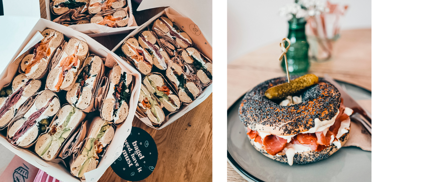 Links sind mehrere Bagels in einer Box, rechts ein einzelner Bagel mit Mohn und Gurke auf einem Teller., © Cupcakes & Bagels, Stuttgart Links sind mehrere Bagels in einer Box, rechts ein einzelner Bagel mit Mohn und Gurke auf einem Teller., © Cupcakes & Bagels, Stuttgart