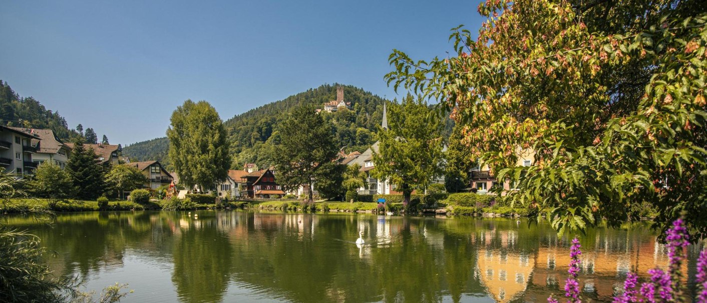 The lake in Bad Liebenzell reflects the surrounding houses. In the background, a castle can be seen on a wooded hill., © SMG Stuttgart Marketing GmbH - Sarah Schmid The lake in Bad Liebenzell reflects the surrounding houses. In the background, a castle can be seen on a wooded hill., © SMG Stuttgart Marketing GmbH - Sarah Schmid
