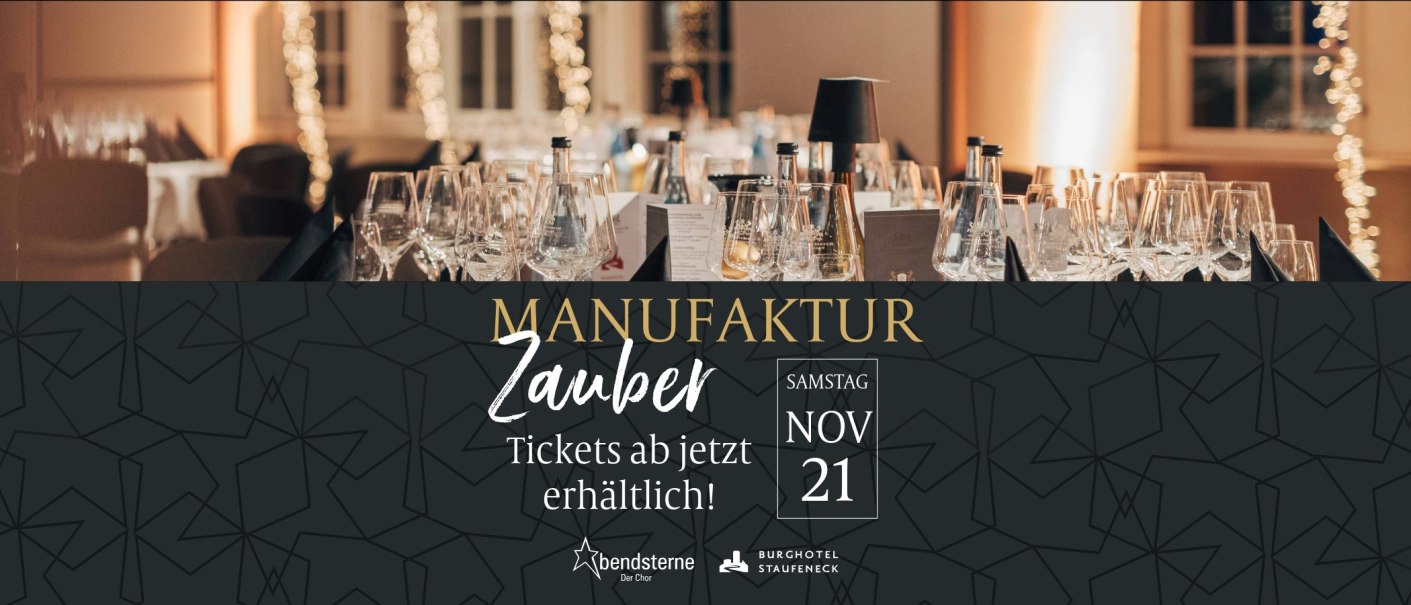 Eleganter Tisch mit Gl&auml;sern und Flaschen, beworbenes Event 'Manufaktur Zauber' am 21. November. Tickets sind erh&auml;ltlich., &copy; Weinmanufaktur Stuttgart eG