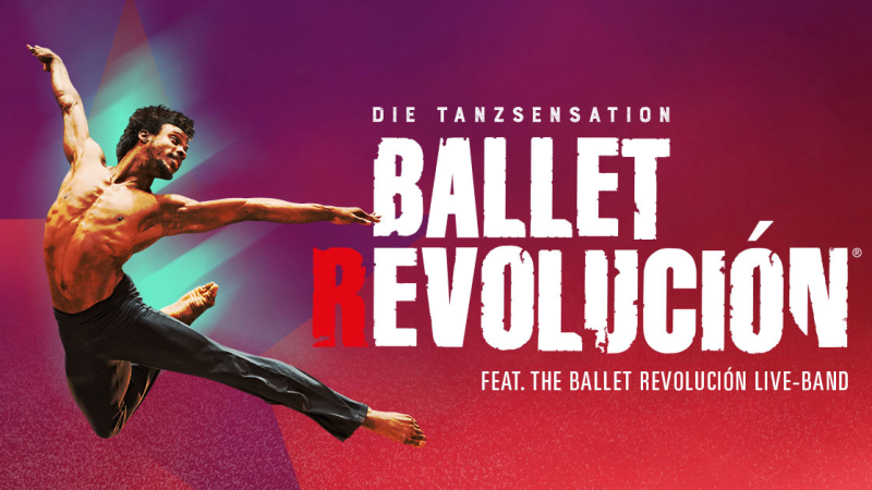 Ein T&auml;nzer springt dynamisch vor einem farbigen Hintergrund. Der Text 'Ballet Revoluci&oacute;n' ist prominent zu sehen., &copy; links im Bild