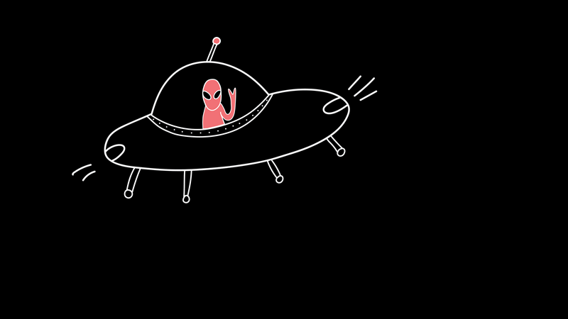 Ein rotes Alien in einem UFO winkt freundlich auf schwarzem Hintergrund., © Württembergische Staatstheater Stuttgart Ein rotes Alien in einem UFO winkt freundlich auf schwarzem Hintergrund., © Württembergische Staatstheater Stuttgart
