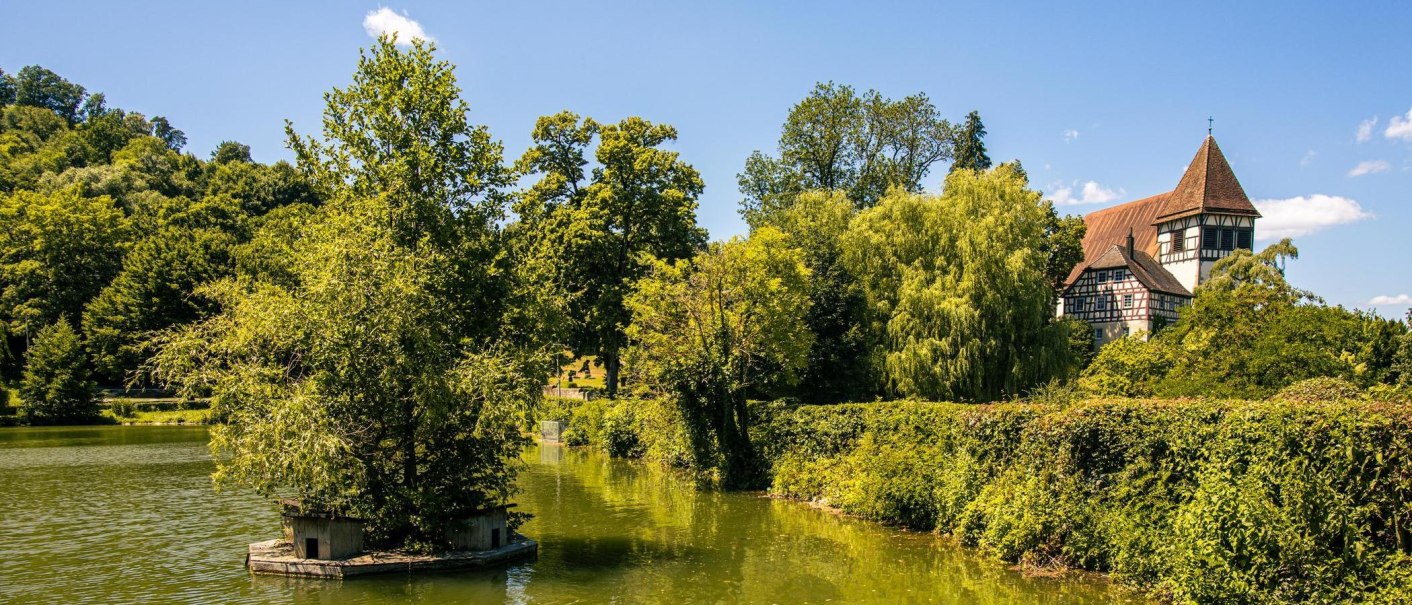 A picturesque lake in Murrhardt City Park, surrounded by lush vegetation and with a half-timbered house in the background, on a sunny day., © SMG Stuttgart Marketing GmbH - Sarah Schmid A picturesque lake in Murrhardt City Park, surrounded by lush vegetation and with a half-timbered house in the background, on a sunny day., © SMG Stuttgart Marketing GmbH - Sarah Schmid