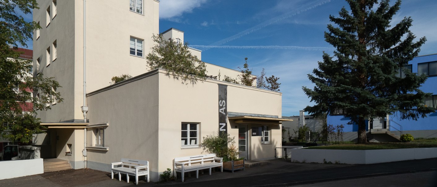 Beige Architekturgalerie mit Flachdach, Bänken und großem Nadelbaum vor blauem Himmel., © Thomas Fütterer Beige Architekturgalerie mit Flachdach, Bänken und großem Nadelbaum vor blauem Himmel., © Thomas Fütterer