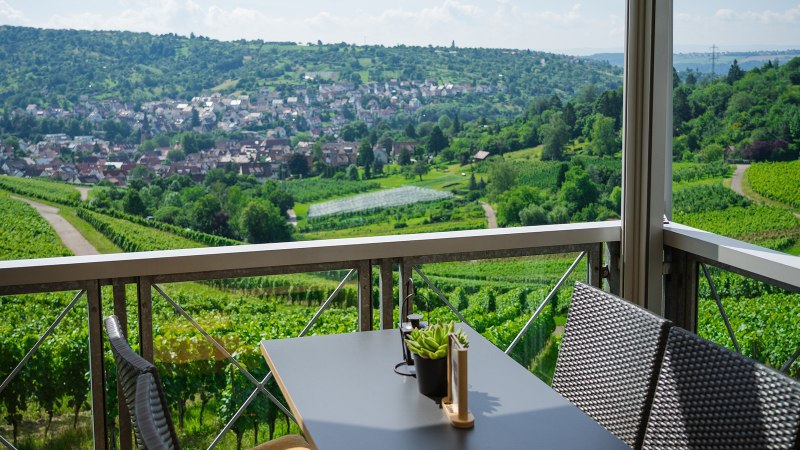 Terrace with table and chairs, view of green vineyards and a village in the background. Sunny day, clear view of the landscape., © Rotenberger Weingärtle, Frederik Garlin