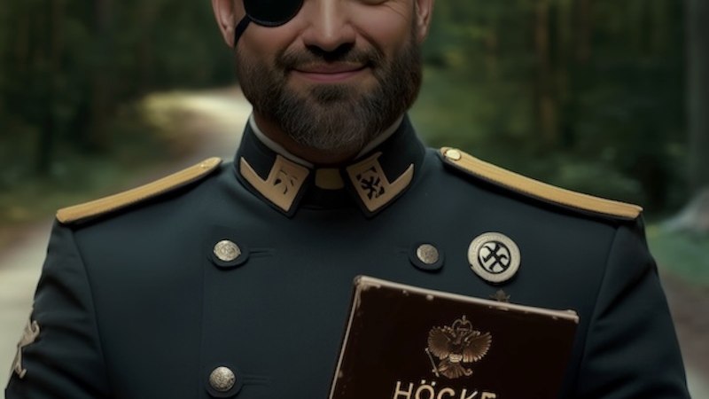 Person in Uniform mit Augenklappe hält ein Buch mit der Aufschrift 'Höcke' in einem Wald., © Renitenztheater Stuttgart e.V. Person in Uniform mit Augenklappe hält ein Buch mit der Aufschrift 'Höcke' in einem Wald., © Renitenztheater Stuttgart e.V.