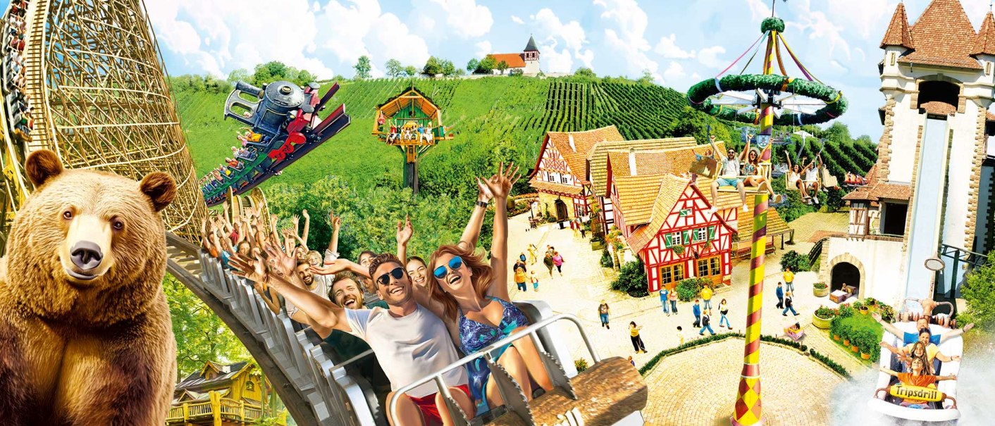 Collage of attractions at Tripsdrill amusement park: roller coaster, bear, water slide and happy visitors in a traditional setting., © Erlebnispark Tripsdrill GmbH & Co. KG Collage of attractions at Tripsdrill amusement park: roller coaster, bear, water slide and happy visitors in a traditional setting., © Erlebnispark Tripsdrill GmbH & Co. KG