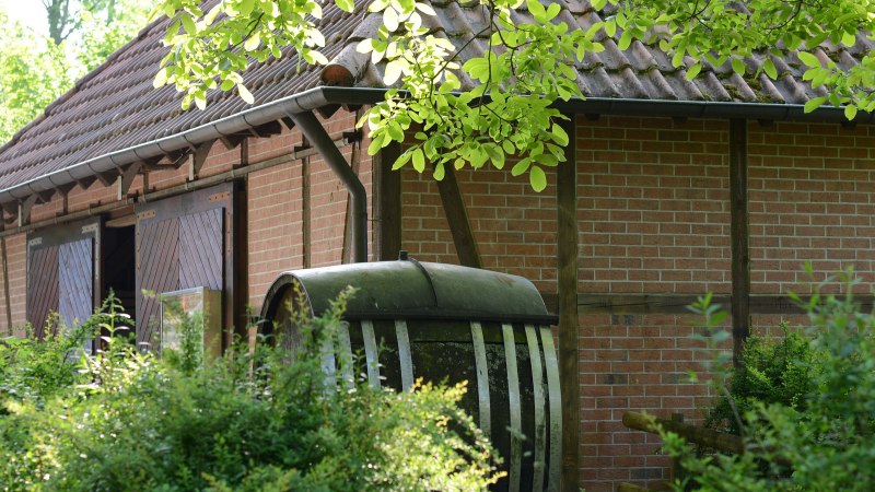 Brick building with wooden doors, surrounded by green bushes and trees. An old barrel stands in the foreground., &copy; Frank Nonnenmann