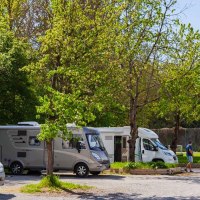 Wohnmobilstellplatz in Besigheim mit mehreren Wohnmobilen unter gr&uuml;nen B&auml;umen, im Hintergrund eine Kirche sichtbar., &copy; Boris Lehner