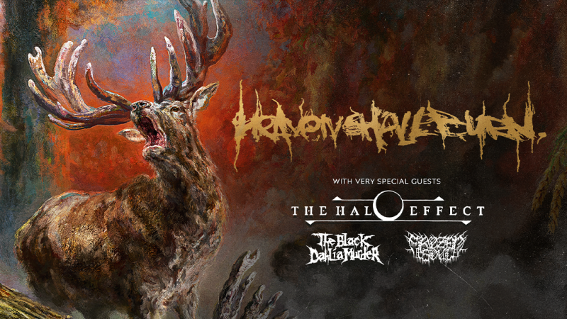 Ein Poster für die 'Heaven Shall Burn - Heimat Over Europe Tour 2026' zeigt einen Hirsch vor einem feurigen Hintergrund. Gastbands sind ebenfalls aufgeführt., © links im Bild Ein Poster für die 'Heaven Shall Burn - Heimat Over Europe Tour 2026' zeigt einen Hirsch vor einem feurigen Hintergrund. Gastbands sind ebenfalls aufgeführt., © links im Bild