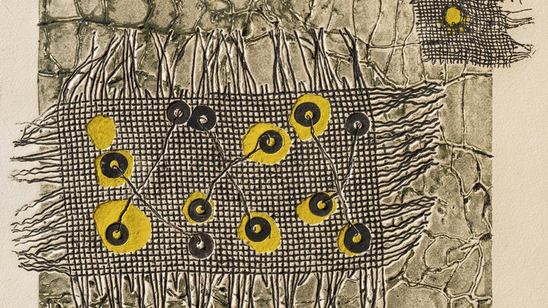 Abstract composition by Rolf Nesch from 1955 with yellow and black circles on a textured, net-like background., &copy; &copy; VG Bild-Kunst, Bonn 2025 / Foto: Frank Kleinbach, Stuttgart