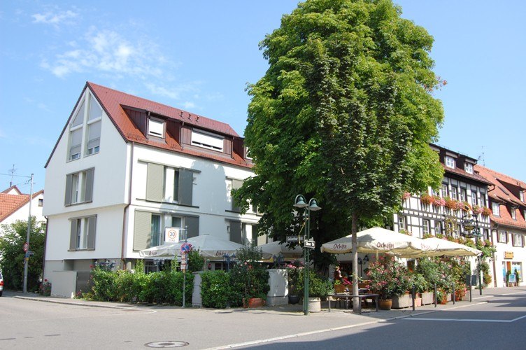 Moderne und traditionelle Gebäude an einer Straßenecke, mit einem großen Baum und einem Café mit Sonnenschirmen., © Jeanette Bender