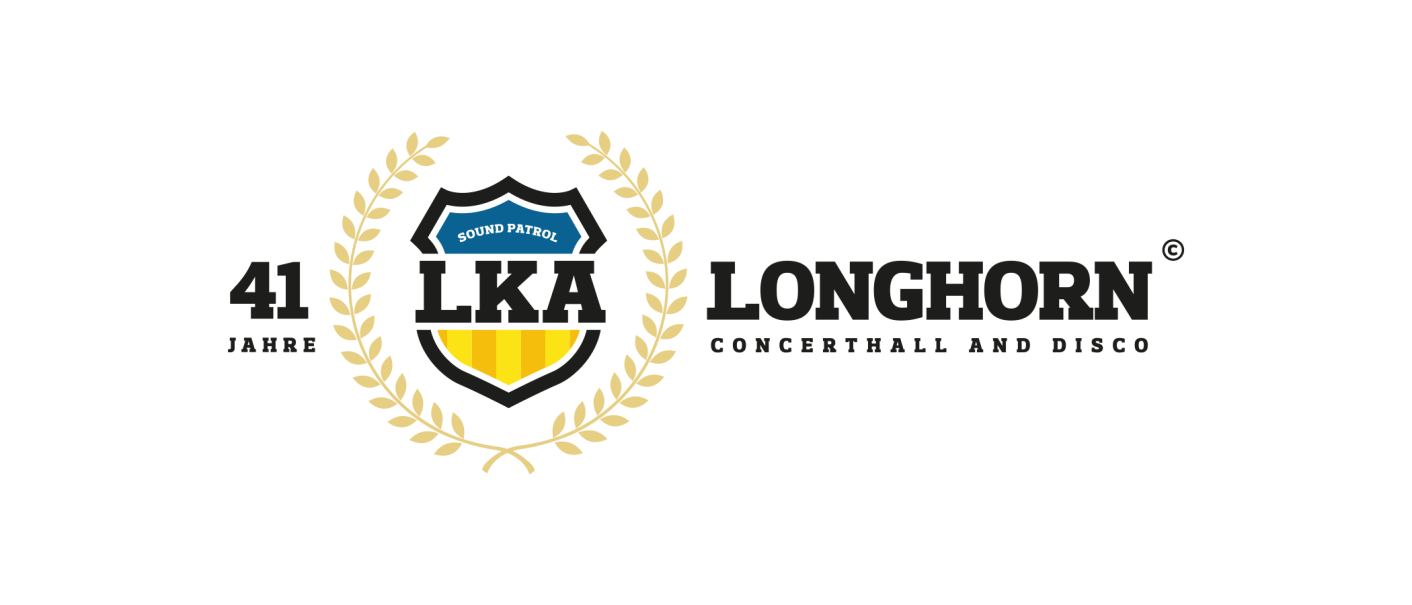 Logo des LKA Longhorn zum 41-j&auml;hrigen Jubil&auml;um. Es zeigt ein Schild mit der Aufschrift 'LKA Sound Patrol' und Lorbeerkr&auml;nzen., &copy; Lka-Longhorn GmbH