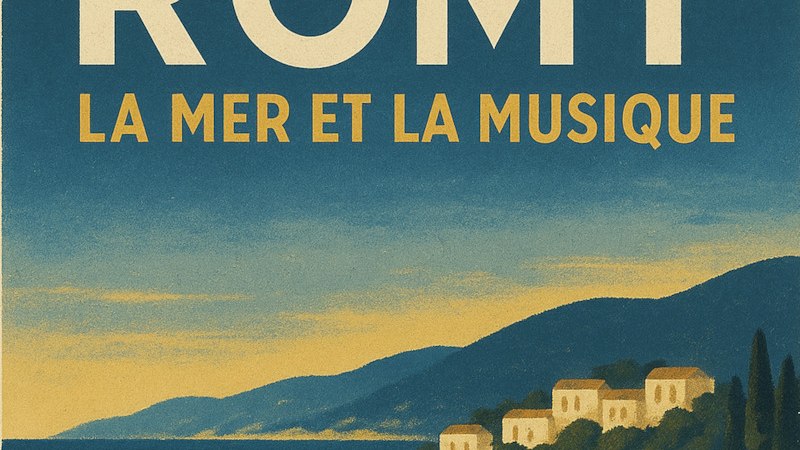 Illustration einer Küstenlandschaft mit dem Titel 'Romy, la mer et la musique'. Häuser am Hang, Meer und Himmel in Blau- und Gelbtönen., © Theaterhaus Stuttgart e.V. Illustration einer Küstenlandschaft mit dem Titel 'Romy, la mer et la musique'. Häuser am Hang, Meer und Himmel in Blau- und Gelbtönen., © Theaterhaus Stuttgart e.V.