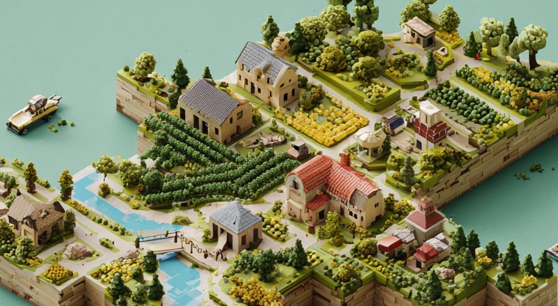 Eine detaillierte Miniatur-Landschaft mit H&auml;usern, Feldern und B&auml;umen auf einer schwebenden Plattform, umgeben von Wasser., &copy; Symbolbild, KI-generiert