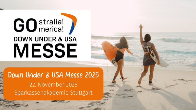 Zwei Personen mit Surfbrettern laufen am Strand. Werbung für die Down Under & USA Messe 2025 am 22. November in der Sparkassenakademie Stuttgart., © GOstralia!-GOmerica! GmbH Zwei Personen mit Surfbrettern laufen am Strand. Werbung für die Down Under & USA Messe 2025 am 22. November in der Sparkassenakademie Stuttgart., © GOstralia!-GOmerica! GmbH