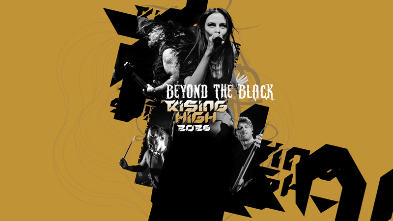 Collage der Band Beyond The Black mit dem Titel 'Rising High 2026' auf einem goldenen Hintergrund., &copy; links im Bild