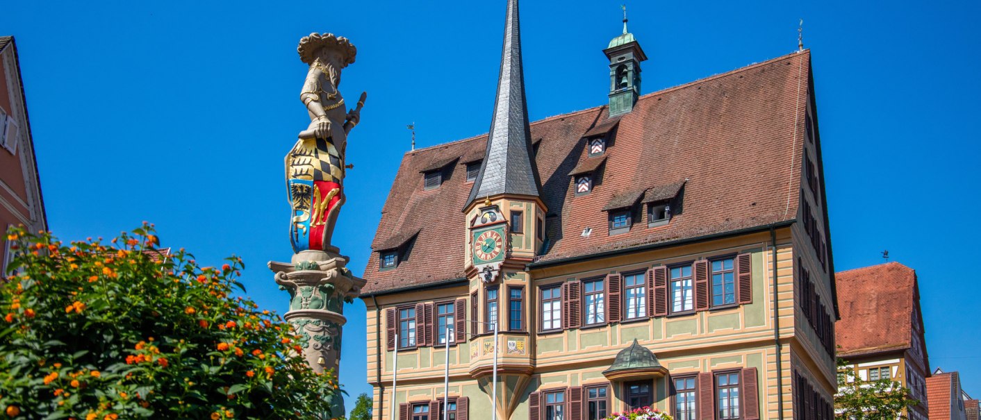 A historic building with a tower and a clock in Bietigheim-Bissingen. A colorful statue stands in the foreground, surrounded by flowering plants., © SMG, Achim Mende A historic building with a tower and a clock in Bietigheim-Bissingen. A colorful statue stands in the foreground, surrounded by flowering plants., © SMG, Achim Mende
