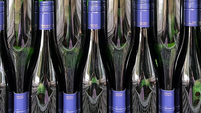 Mehrere Weinflaschen mit blauen Verschlüssen stehen dicht nebeneinander. Die Flaschen sind dunkel und reflektieren das Licht., © Weinhof Zaiß
