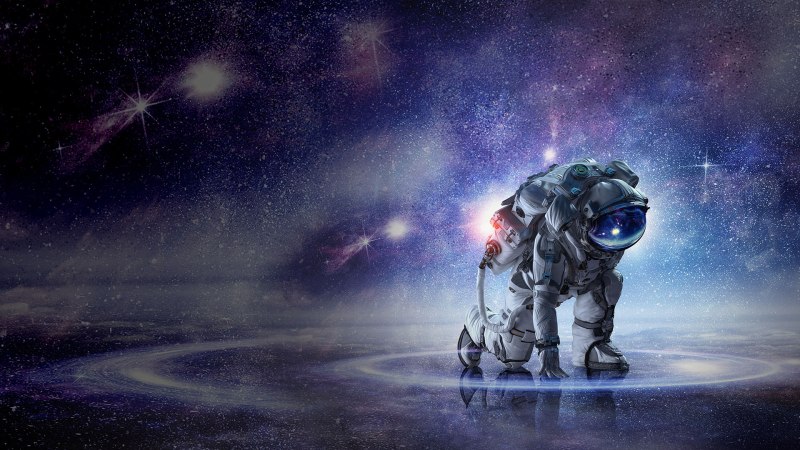 Astronaut kniet auf reflektierender Fläche im Weltraum, umgeben von Sternen und Galaxien., © Planetarium Stuttgart Astronaut kniet auf reflektierender Fläche im Weltraum, umgeben von Sternen und Galaxien., © Planetarium Stuttgart
