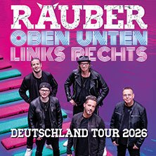 Plakat der Band R&auml;uber mit f&uuml;nf Mitgliedern, Titel 'Oben Unten Links Rechts', Ank&uuml;ndigung der Deutschland Tour 2026, bunte Treppe im Hintergrund., &copy; links im Bild