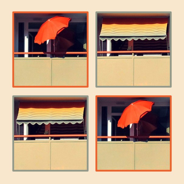 Vier Bilder zeigen einen Balkon mit rotem Sonnenschirm und gestreifter Markise in verschiedenen Ansichten., © Theater der Altstadt