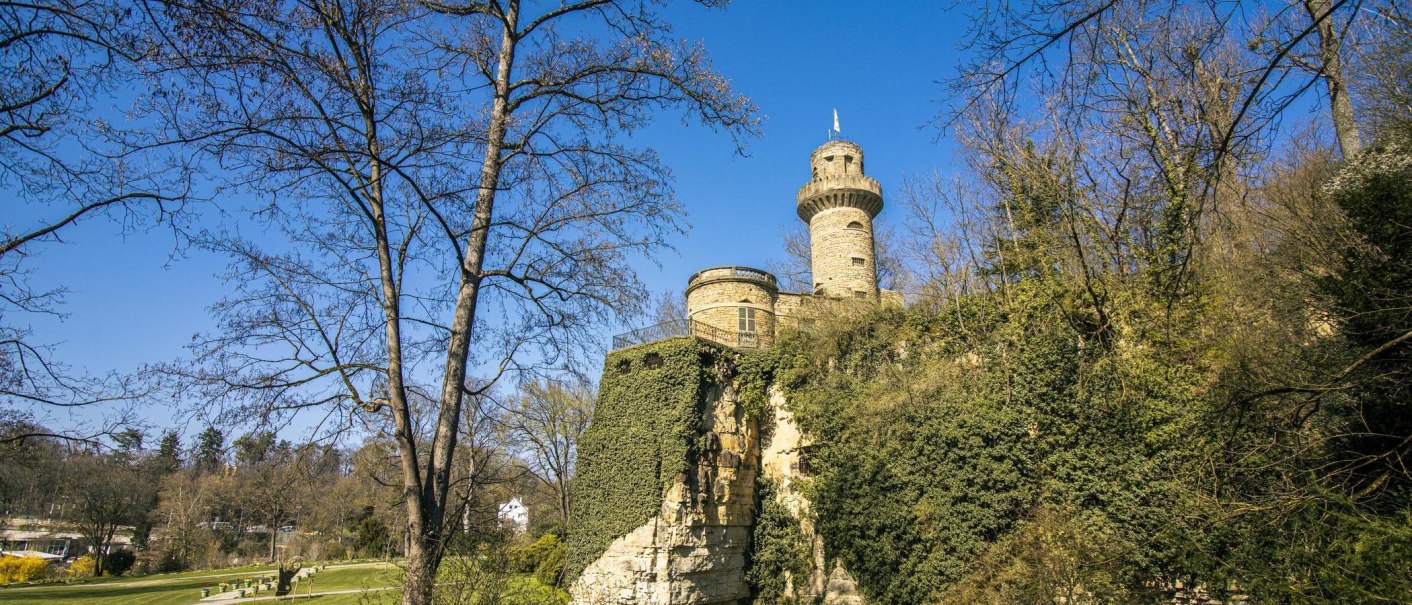 A picturesque tower at Blühendes Barock Ludwigsburg, surrounded by trees and a bright blue sky., © SMG Stuttgart Marketing GmbH - Sarah Schmid A picturesque tower at Blühendes Barock Ludwigsburg, surrounded by trees and a bright blue sky., © SMG Stuttgart Marketing GmbH - Sarah Schmid