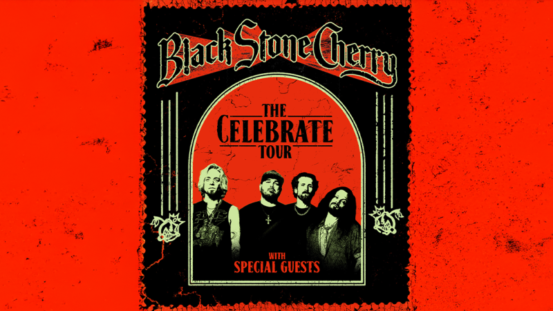 Poster der Black Stone Cherry Tour mit dem Titel 'The Celebrate Tour'. Es zeigt die Bandmitglieder vor einem roten Hintergrund., &copy; links im Bild