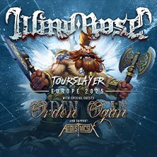Ein Poster der Band Wind Rose mit einem Krieger, Tourdaten für Europa 2025 und den Gastbands Orden Ogan und Aether Realm., © links im Bild