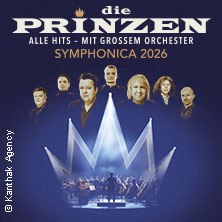 Plakat für 'Die Prinzen - Symphonica 2026' mit Bandmitgliedern und Orchester auf blauem Hintergrund., © links im Bild Plakat für 'Die Prinzen - Symphonica 2026' mit Bandmitgliedern und Orchester auf blauem Hintergrund., © links im Bild