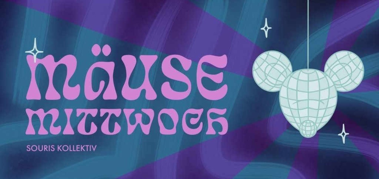 Bunte Grafik mit dem Text 'Mäuse Mittwoch' in lila Schrift und einer Disco-Kugel in Form von Mausohren auf blauem Hintergrund., © Kollektiv souris Bunte Grafik mit dem Text 'Mäuse Mittwoch' in lila Schrift und einer Disco-Kugel in Form von Mausohren auf blauem Hintergrund., © Kollektiv souris
