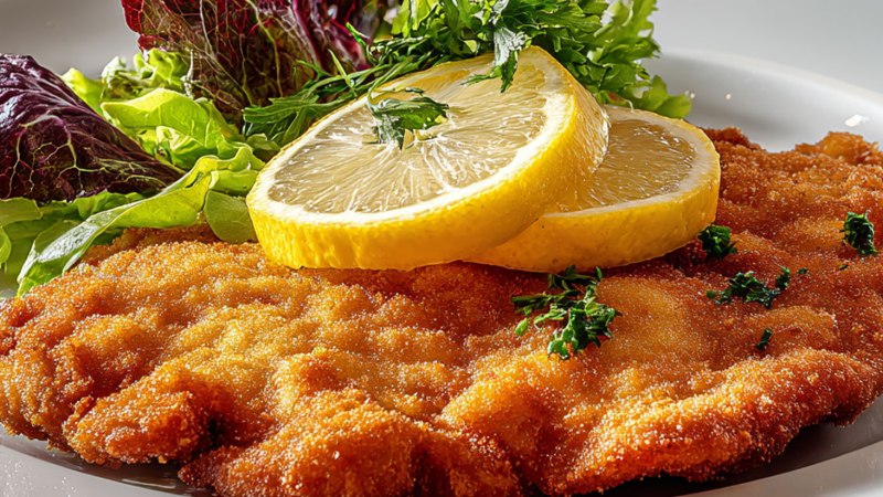 A crispy schnitzel with lemon slices and fresh salad served on a white plate., &copy; KI-generiert