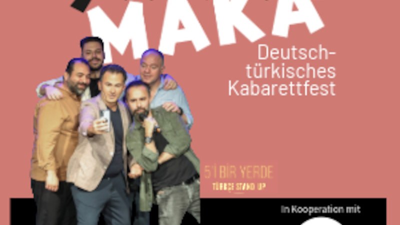 F&uuml;nf M&auml;nnerportr&auml;ts auf rosa Hintergrund mit dem Text 'Şaka Maka' und dem Logo des Deutsch-T&uuml;rkischen Forums Stuttgart., &copy; Renitenztheater Stuttgart e.V.
