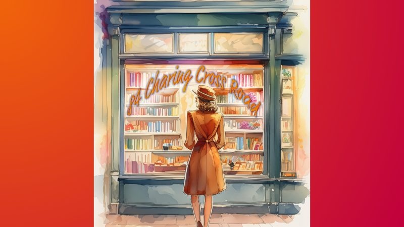 Eine Frau in Vintage-Kleidung steht vor einem Buchladen mit der Aufschrift '84 Charing Cross Road'. Der Hintergrund ist in warmen Farben gehalten., © NEAT Eine Frau in Vintage-Kleidung steht vor einem Buchladen mit der Aufschrift '84 Charing Cross Road'. Der Hintergrund ist in warmen Farben gehalten., © NEAT