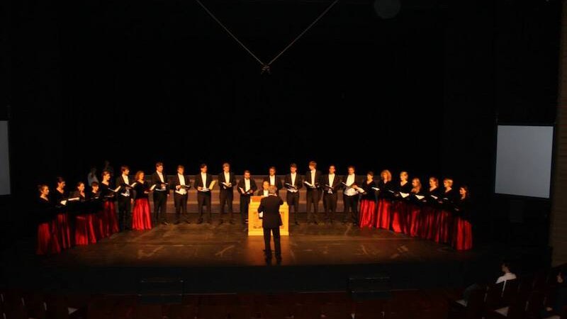Ein Chor in formeller Kleidung singt auf einer Bühne, dirigiert von einer Person in der Mitte. Die Bühne ist dunkel, der Fokus liegt auf den Sängern., © Musik Podium Stuttgart e.V.