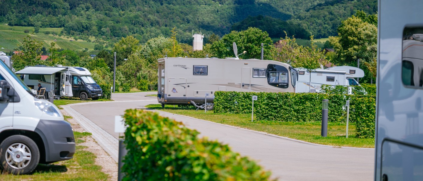 Wohnmobilstellplatz mit mehreren Wohnmobilen in einer grünen, ländlichen Umgebung. Die Fahrzeuge sind auf nummerierten Parzellen geparkt., © Thomas Niedermüller Wohnmobilstellplatz mit mehreren Wohnmobilen in einer grünen, ländlichen Umgebung. Die Fahrzeuge sind auf nummerierten Parzellen geparkt., © Thomas Niedermüller