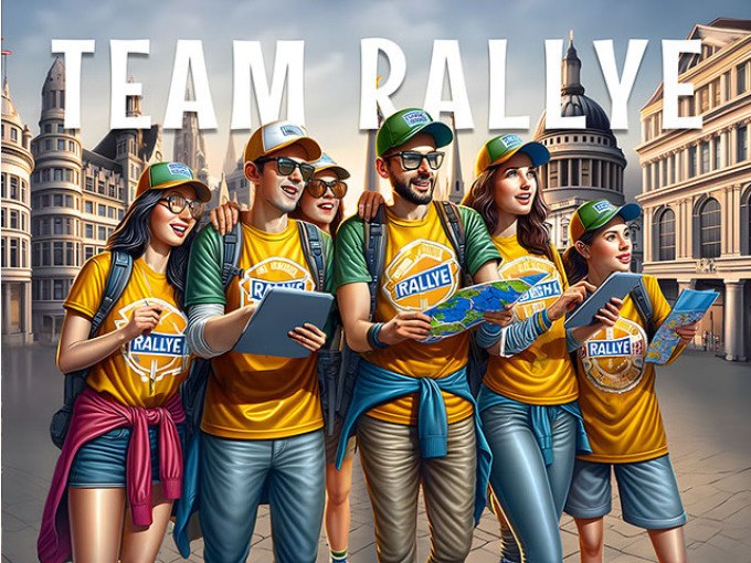 Fünf Personen in Rallye-Shirts und Kappen halten Karten und Tablets. Sie stehen vor einer städtischen Kulisse. Oben steht 'TEAM RALLYE'., © TeamEscape Stuttgart