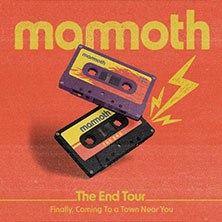 Zwei Kassetten mit 'mammoth'-Logo auf rotem Hintergrund, begleitet von einem Blitz. Text: 'The End Tour - Finally, Coming To a Town Near You'., &copy; links im Bild