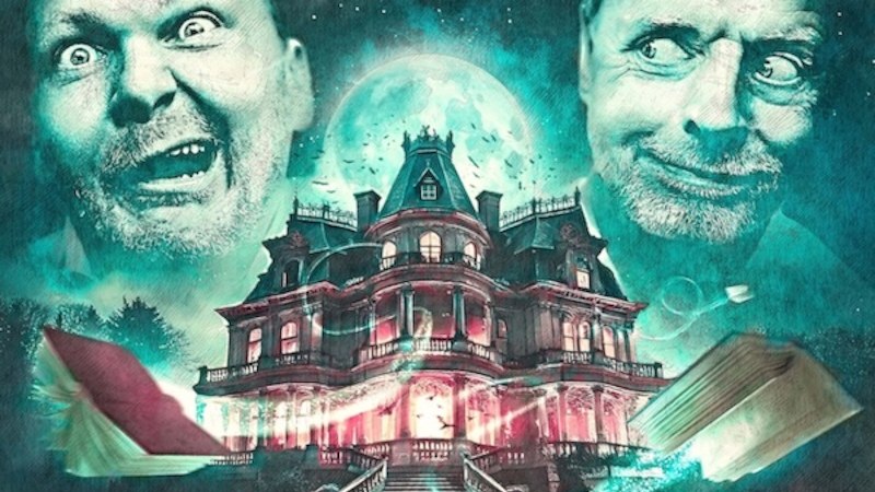 Zwei Gesichter schweben &uuml;ber einem beleuchteten Herrenhaus. Fliegende B&uuml;cher umgeben das Geb&auml;ude, das von einem Vollmond beleuchtet wird., &copy; Renitenztheater Stuttgart e.V.