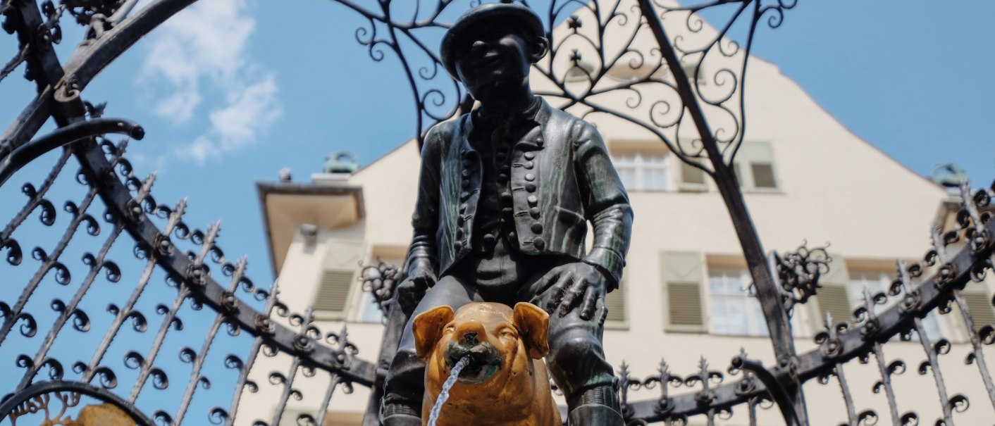 Der Hans-im-Gl&uuml;ck Brunnen zeigt eine Figur auf einem Schwein sitzend. Wasser flie&szlig;t aus dem Maul des Schweins. Im Hintergrund ist ein Geb&auml;ude zu sehen., &copy; Susi Maier, blackdotswhitespots.com