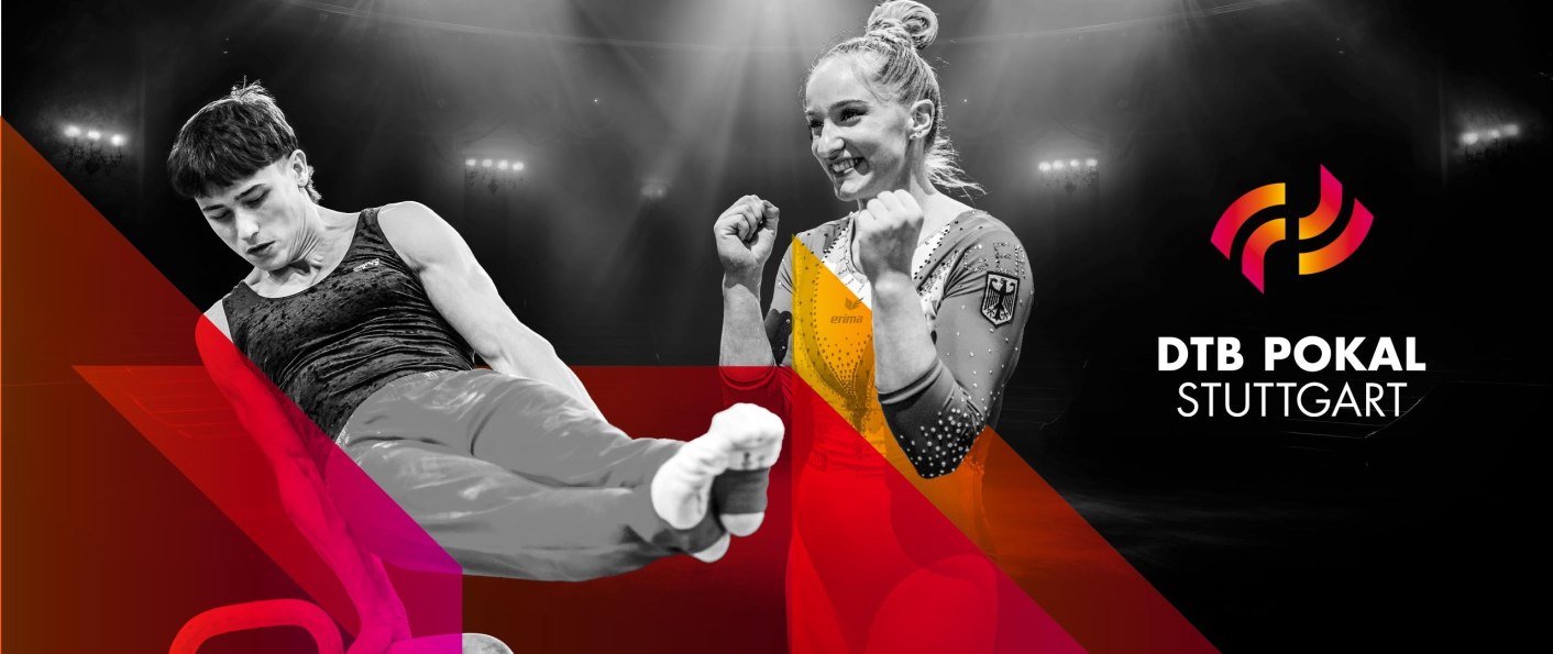 Zwei Turner in Aktion beim DTB Pokal Stuttgart. Der Hintergrund ist dunkel, mit bunten geometrischen Formen und dem Event-Logo., &copy; STB Marketing und Event GmbH