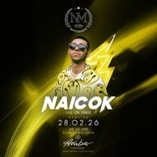 Konzertplakat mit NAICOK in gelbem Outfit und Blitzsymbol. Event am 28.02.26 im Amba., &copy; links im Bild