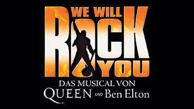 Logo des Musicals 'We Will Rock You' mit großer Schrift und Gitarristensilhouette. Darunter steht 'Das Musical von Queen und Ben Elton'., © Stage Entertainment
