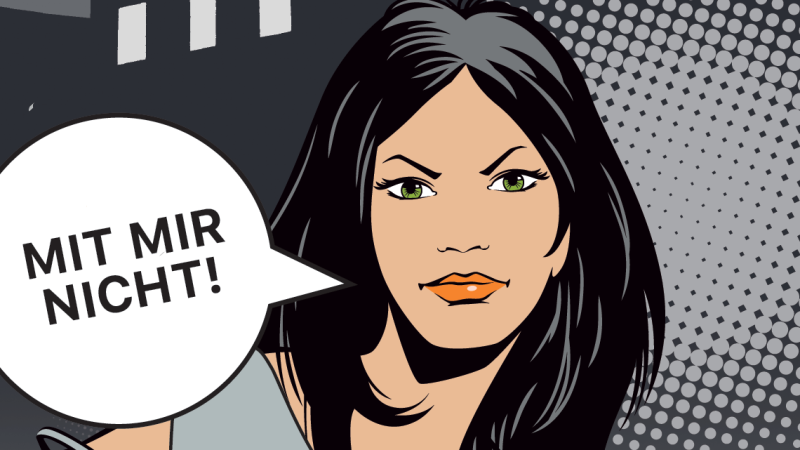 Eine entschlossene Frau in Comic-Stil sagt 'Mit mir nicht!' als Teil eines Sicherheitstrainings für Frauen., © Kommunale Kriminalprävention Stadt Stuttgart Eine entschlossene Frau in Comic-Stil sagt 'Mit mir nicht!' als Teil eines Sicherheitstrainings für Frauen., © Kommunale Kriminalprävention Stadt Stuttgart