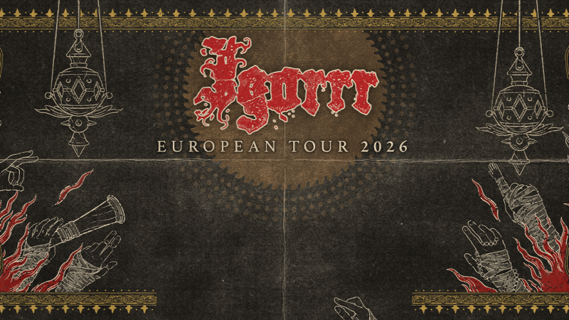 Poster der Igorrr European Tour 2026 mit kunstvollen Illustrationen von H&auml;nden und Ornamenten in Rot und Gold auf schwarzem Hintergrund., &copy; links im Bild