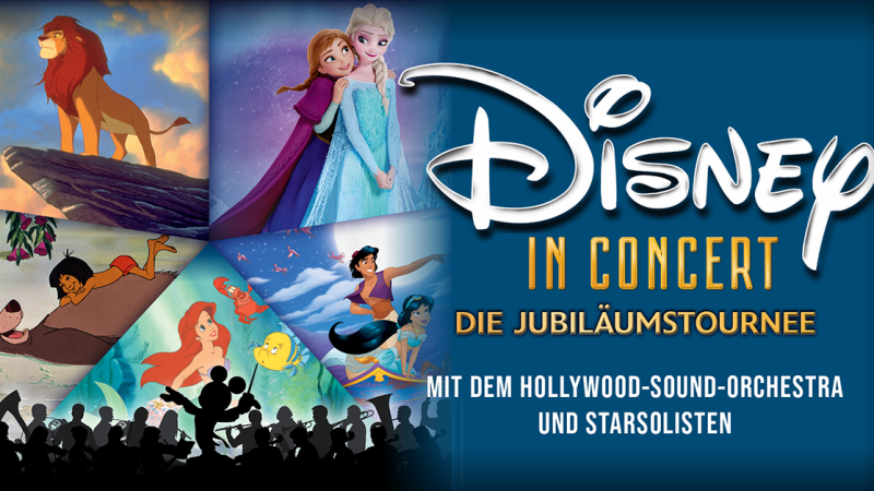 Collage von Disney-Figuren wie Simba, Elsa und Aladdin mit dem Schriftzug 'Disney in Concert - Die Jubil&auml;umstournee'., &copy; links im Bild
