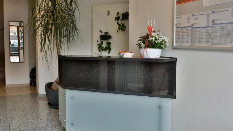 Ein moderner Rezeptionstresen mit einer Pflanze und Dekoration. An der Wand hängt ein Informationsbrett. Der Boden ist gefliest., © Feuerbacher Hof