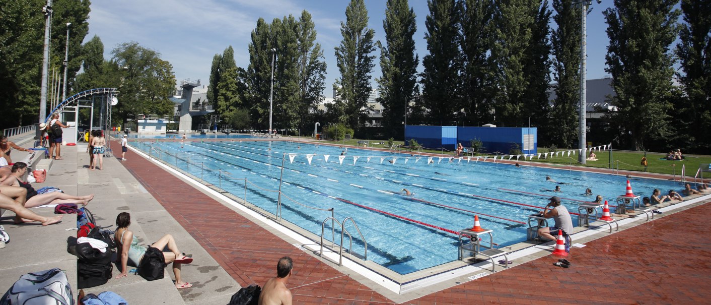 Ein Freibad mit Schwimmern und Sonnenbadenden auf Liegestühlen. Hohe Bäume umgeben das Becken. Menschen genießen das sonnige Wetter., © Stuttgarter Bäder